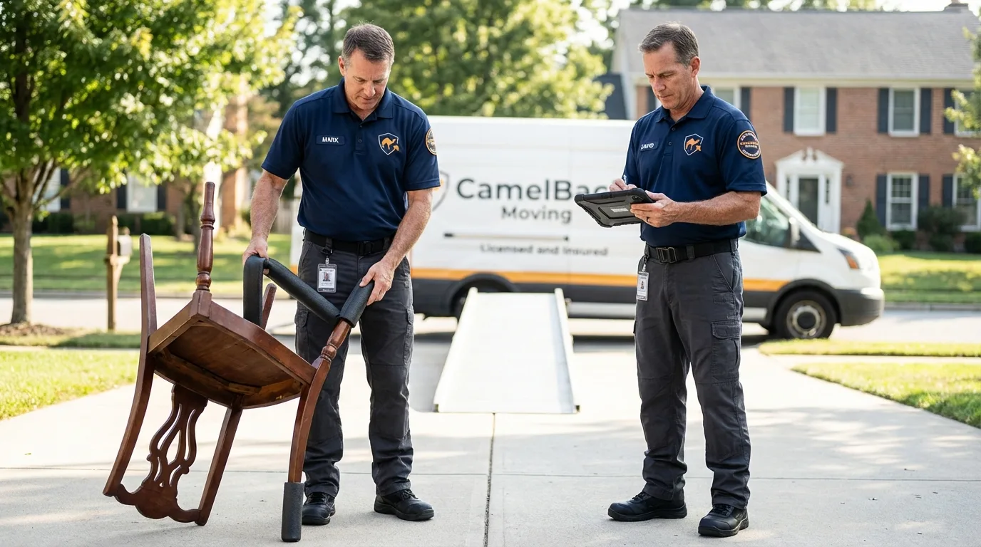 Movers inspecting furniture for damage prevention before loading in Lake Ozark, MO