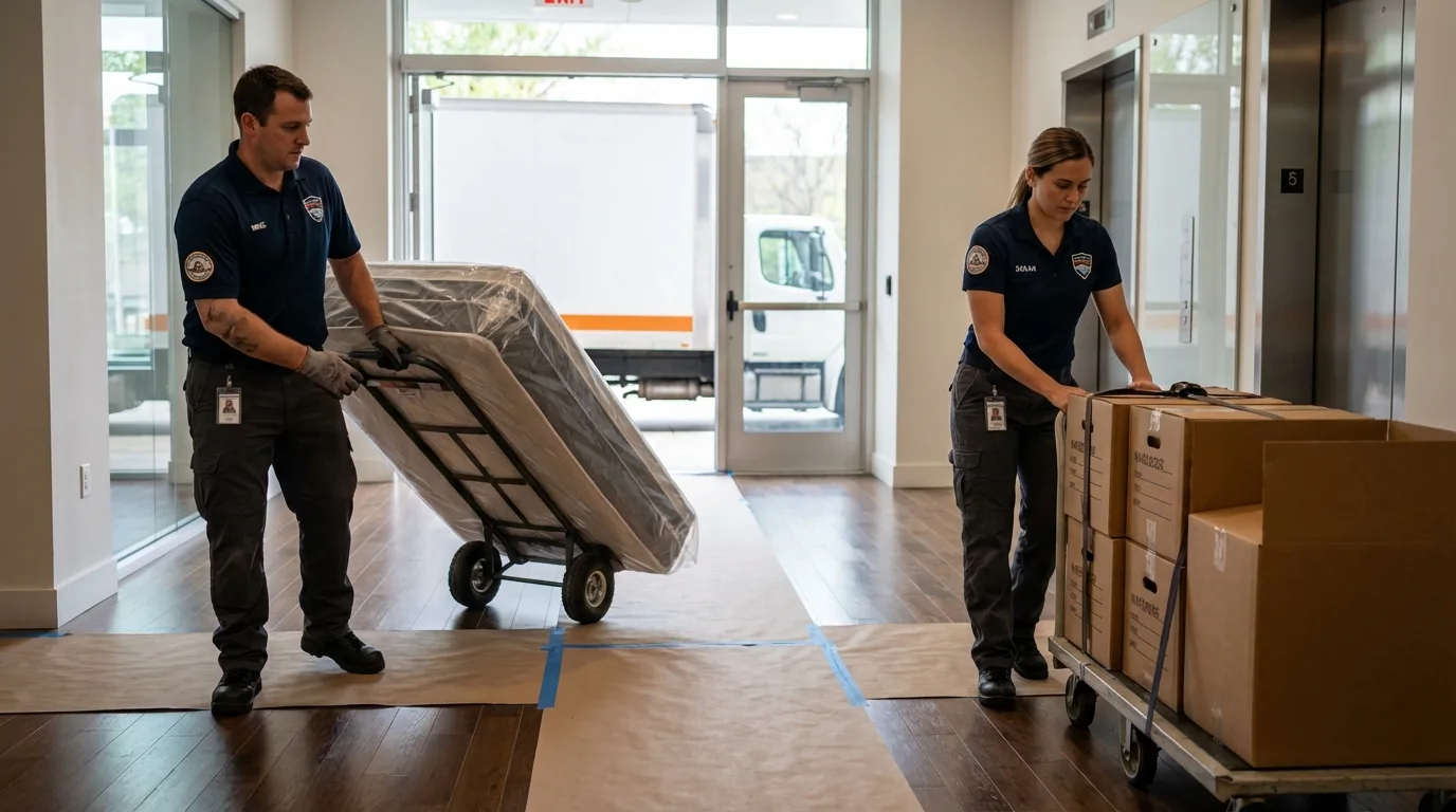 Professional apartment movers loading elevator in Lake Ozark, MO
