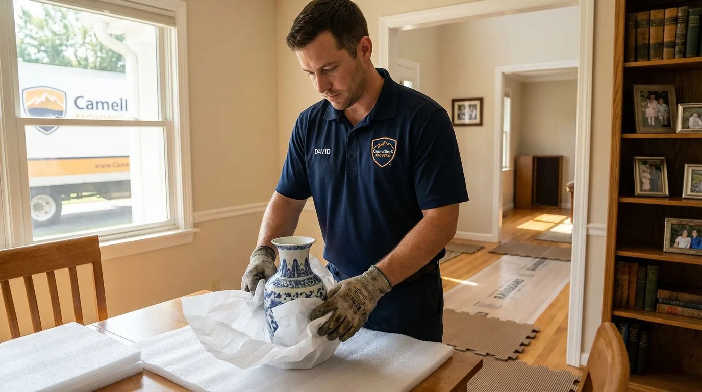 Professional crew carefully wrapping antique vase for senior downsizing move in Lake Ozark, MO